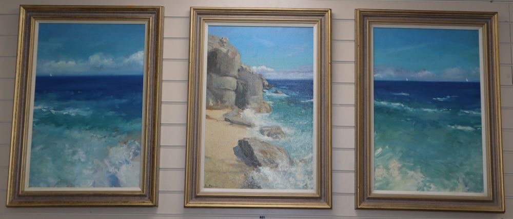 Paul Brown (20th C.), set of three oils on canvas, Coastal landscape, one signed, each 74 x 49cm